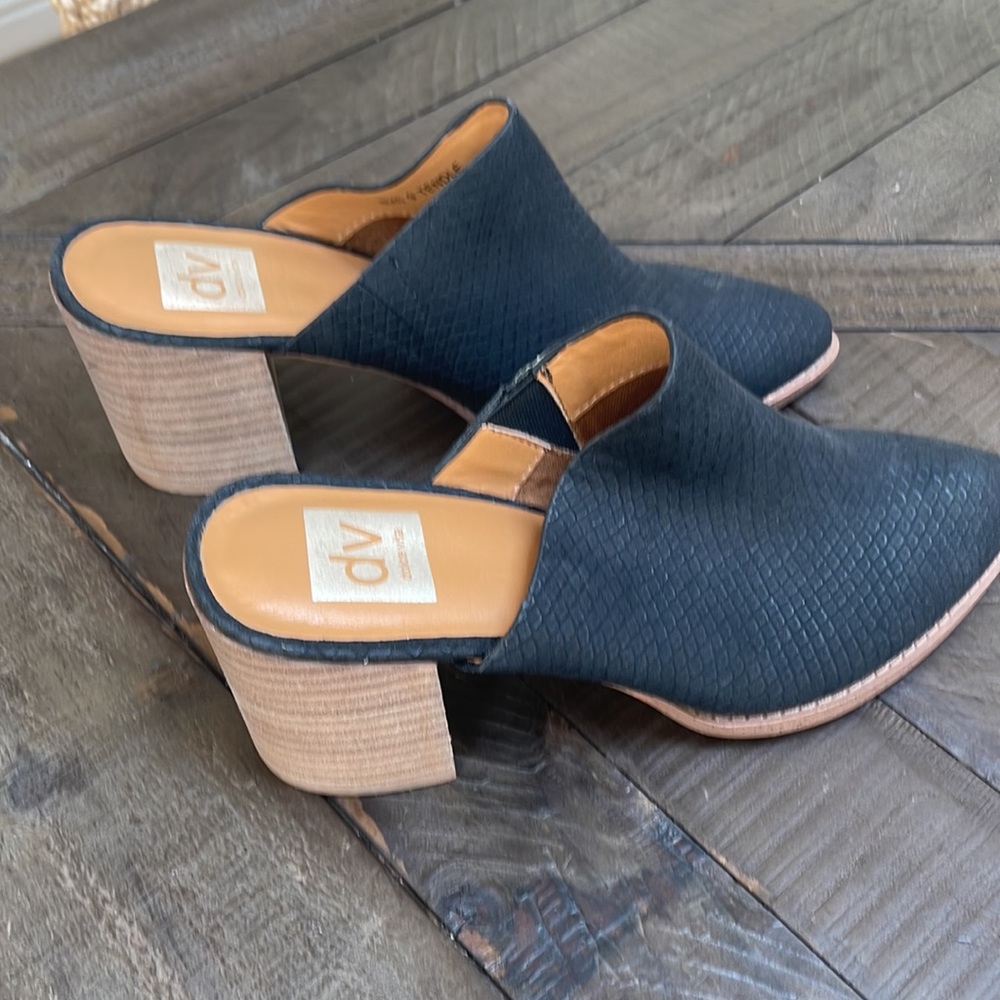Dolce vita  size 9 black slip on mules with 3” heel
